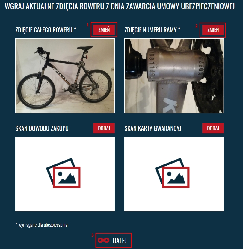 Zrzut ekranu z formularzem do wgrania zdjęć roweru